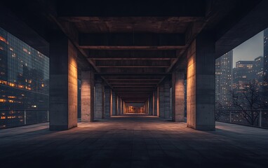 A dimly lit urban corridor with concrete pillars and scattered warm lighting, leading to a view of a city skyline through large windows.