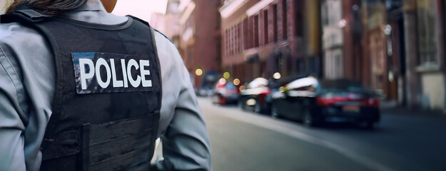 Police officer in uniform standing on a city street with blurred cars in the background