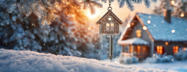 A key with a house-shaped ornament hanging on a snowy tree branch, with a cozy cabin in the background, evoking a warm winter atmosphere