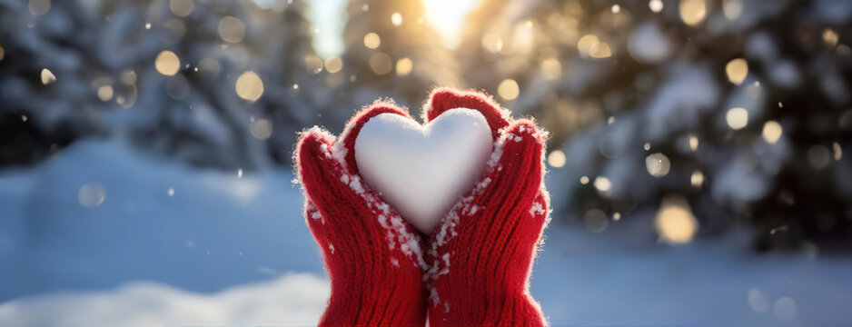 Red mittens holding a heart shaped snowball in a wintery outdoor landscape during snowfall. Love on Valentines day romantic creative concept with copy space. Panorama.
