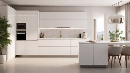 Modern white kitchen with sleek cabinets, a large island, and a view of the city from a window.