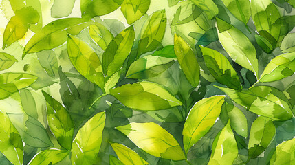 Obraz premium Watercolor illustration of densely packed green tea leaves with one yellow leaf on a green background. Concept of tea leaves, natural products, herbal ingredients, and organic food