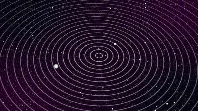 Concentric circles imply planetary orbits against a dark sky backdrop. Suitable for science, astronomy, space exploration concepts visually.