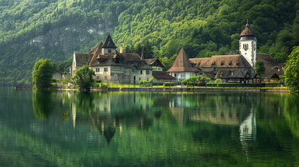 Fototapeta premium Tranquil Monastery Reflected in a Serene Lake Amidst Lush Green Hills Under Soft Sunlight at Dawn