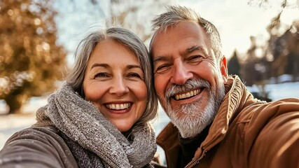 Smiling elderly Caucasian couple takes a selfie in a snowy landscape, exuding warmth and happiness in their winter attire during a bright sunny day. - Powered by Adobe