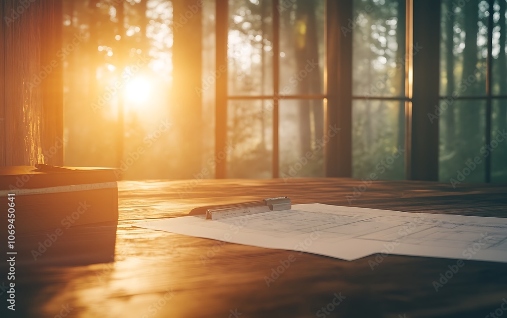 Poster a serene workspace with a wooden table, sunlight streaming through large windows, illuminating paper