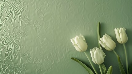 Fototapeta premium A delicate and minimalistic olive green backdrop with a subtle arabesque design at the top and minimal tulips offering ample space for custom text for creative designs