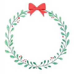 Fototapeta premium Festive christmas wreath with red bow at the top. Round frame made of conifer branches. Wreath isolated on white background