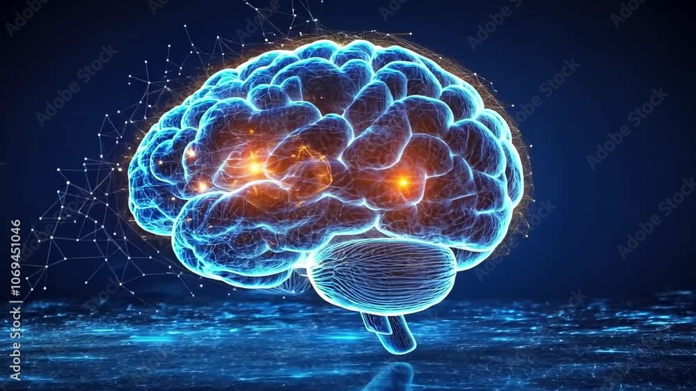 Poster digital representation of a glowing brain illustrating neural activity against a dark background