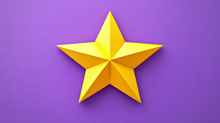 Fototapeta premium A yellow star with a 3D effect is centered on a purple background. Concept of simplicity and bold contrast.