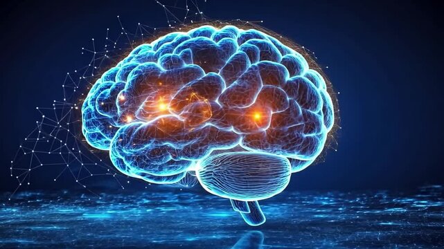 Digital representation of a glowing brain illustrating neural activity against a dark background