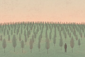 Man Standing in a Forest of Trees at Sunset. A solitary figure with dark silhouette surrounded by a uniform pattern of tall trees, set under a pastel pink and beige sunset.
