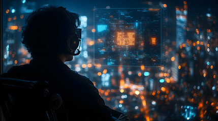 Silhouette of Person in Headphones Looking at Futuristic Digital Interface Over City Lights Illustration