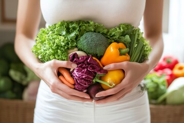 Nutritionist highlights the significance of digestive health using fresh vegetables and engaging visual aids in a bright kitchen setting