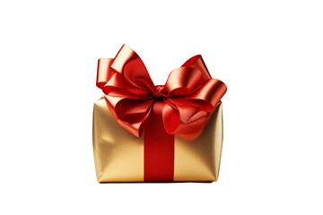 A shiny gold gift box with a vibrant red ribbon, perfect for celebrations and special occasions. Great for advertising and promotional materials.