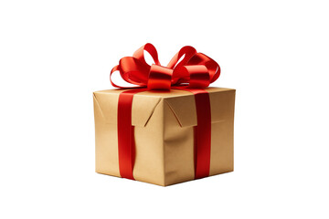 Obraz premium A beautifully wrapped golden gift box with a vibrant red ribbon, perfect for celebrations and special occasions. Ideal for holiday and birthday themes.