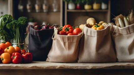 Several beige reusable grocery bags filled with various vegetables, like tomatoes, peppers, and onions, sit on a wooden counter