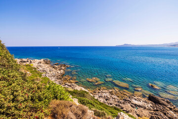 Rocky coastline of Rhodes island with clear turquoise waters of the Aegean Seaю
