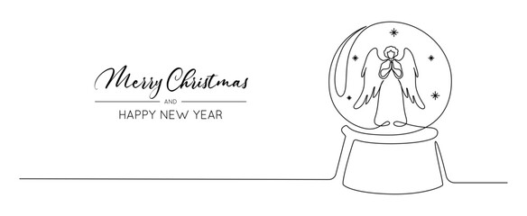 Fototapeta premium Christmas crystal snow globe with angel in one continuous line drawing. Magic glass ball for winter xmas holiday concept in simple linear style. Editable stroke. Doodle vector illustration