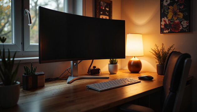 Cozy home office setup with warm lighting and plants