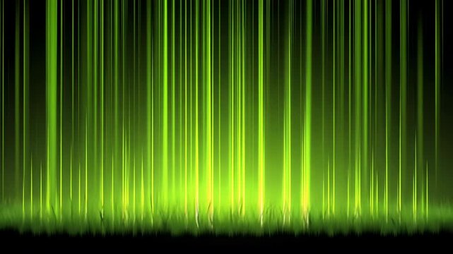 Green light beams shine down on a field of grass
