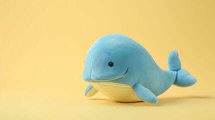 Fototapeta premium A cute kawaii style whale plush sitting on a pastel yellow backdrop with soft even lighting showcasing the adorable and comforting nature of stuffed animals