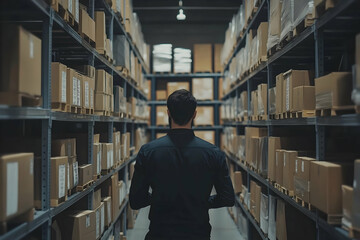 A person walks through a warehouse aisle filled with neatly organized cardboard boxes on shelves.