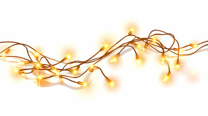 A string of glowing christmas lights with golden bulbs, resting on a plain white background. Ethereal. Illustration