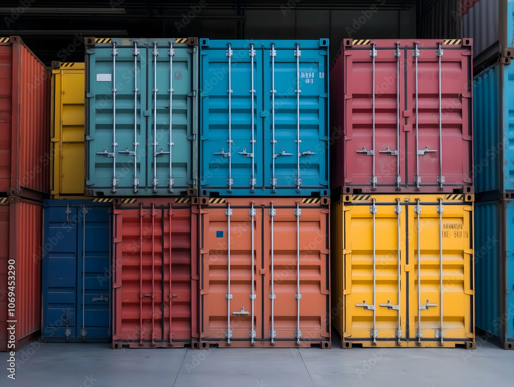 Poster a vibrant array of stacked shipping containers in various colors, showcasing their industrial design