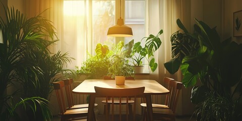 Fototapeta premium Sunlight illuminating mid-century modern dining room with plants