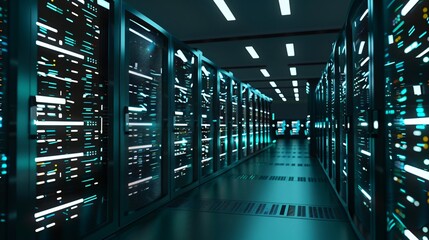 Data Center Corridor with Server Racks. High Internet Visualisation Projection, server technology datum network, web security