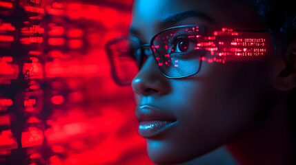 Close-up of a Woman in Glasses with Red Light Reflecting in Her Eyes - Illustration