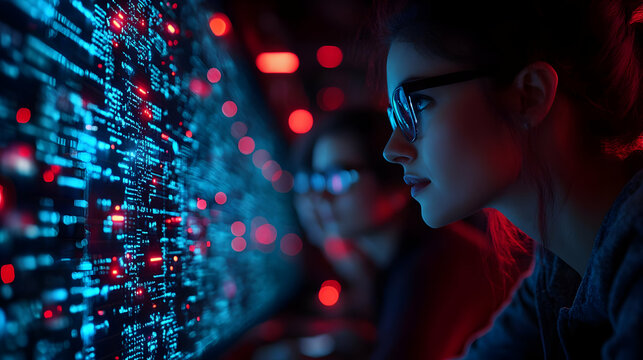 Woman Looking at Screen with Blue and Red Lights - Realistic Image