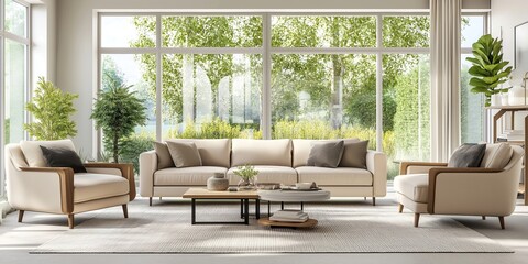 Obraz premium Modern minimalist living room interior with large windows overlooking green garden