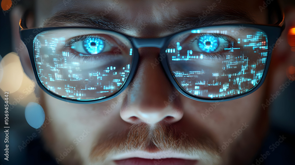 Poster closeup of man with digital code in glasses - realistic image