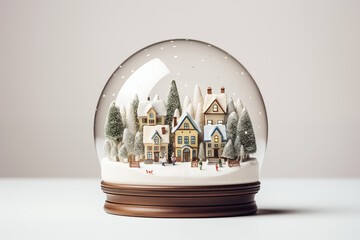 A beautifully crafted snow globe featuring a quaint winter village scene with charming houses and evergreen trees. Perfect for holiday decor and festive ambiance.