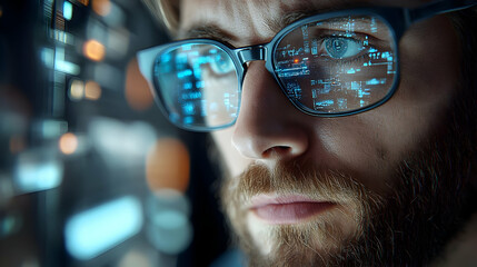 Close Up Man's Face With Digital Code Reflected in Glasses Illustration