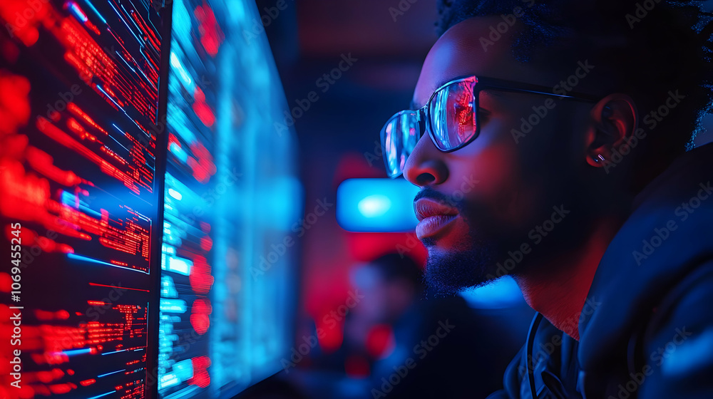 Poster man looking at red and blue code - realistic image
