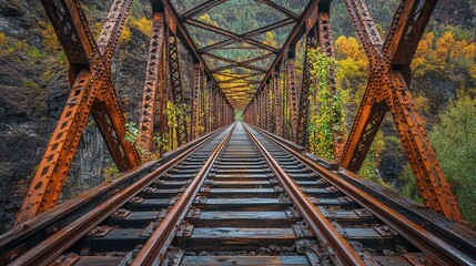 Fototapeta premium Old Railway Bridge Over Gorge with Rusted Tracks and Vines