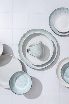 Top view showcasing an elegant array of ceramic tableware