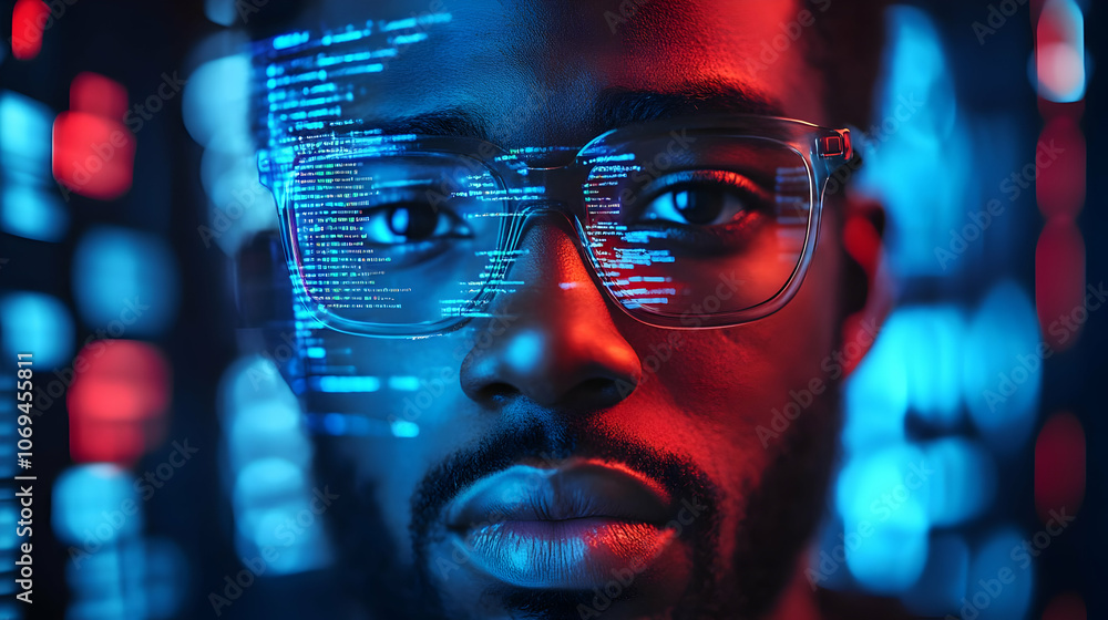 Poster close-up of man's face with code reflecting in glasses - realistic image