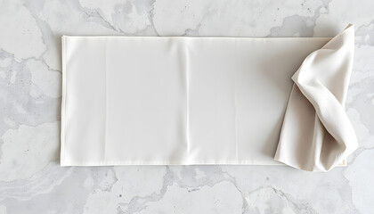 Folded tablecloth at stone or marble surface of table. Top view as panorama of cloth napkin texture background isolated with white highlights, png