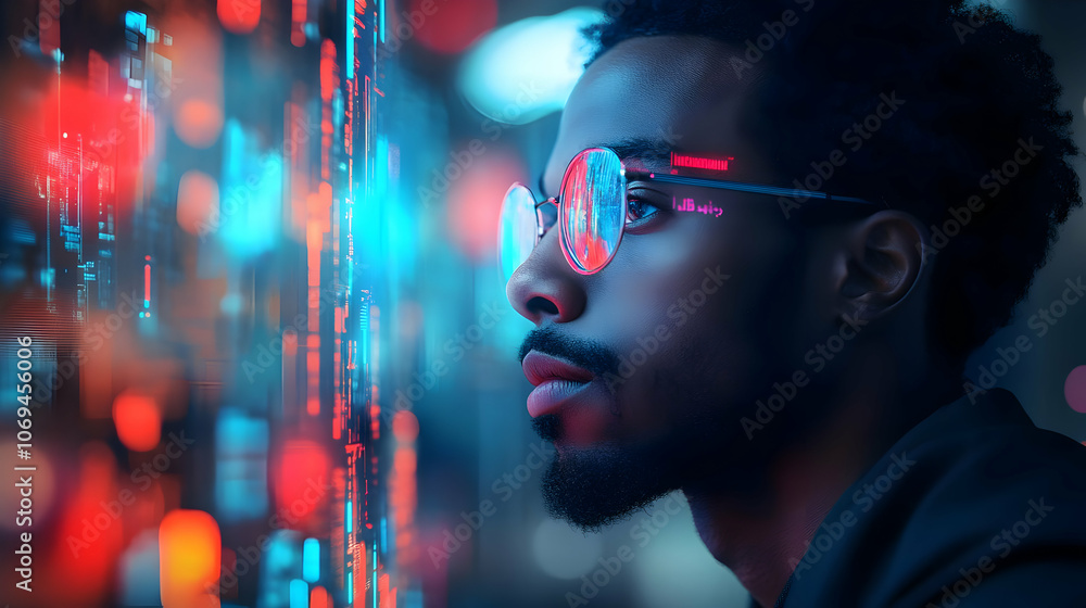 Poster man looking at screen with neon lights - realistic image