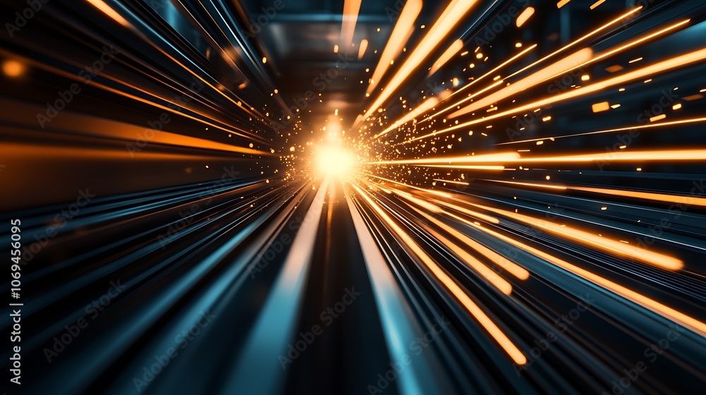 Poster A dynamic burst of light and energy appears to rush forward, creating a sense of speed and motion through a dark, futuristic environment.