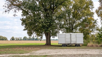 Obraz premium White Trailer Under Large Trees in Open Field