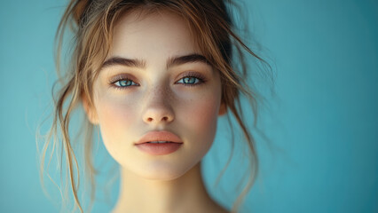 Close-Up Portrait of Woman with Freckles and Bright Blue Eyes Against Blue Background