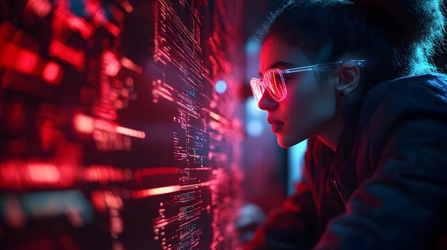 Woman in Neon Lights Looking at Code - Illustration