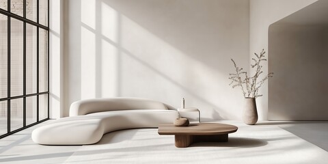Minimalist living room with beige sofa, wooden furniture and large windows letting in natural light