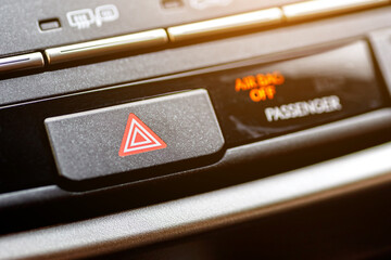 Inside the car.Emergency stop button in car.Dashboard, inner workings of a car.