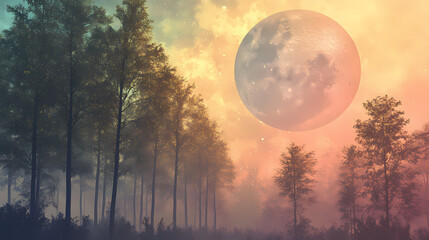 Fototapeta premium An ethereal forest with glowing trees and a misty atmosphere, featuring a giant moon in the background. Ethereal. Illustration